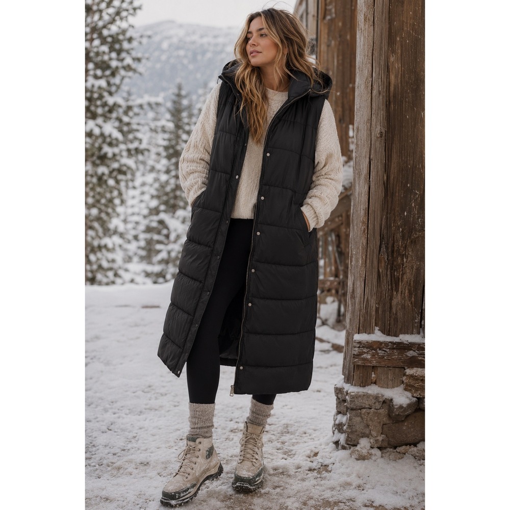 Black Longline Hooded Puffer Vest Women Sleeveless Quilted Jacket Side Zips 2XL